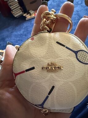 Coach Cream Leather Tennis Print Coin Pouch Keychain